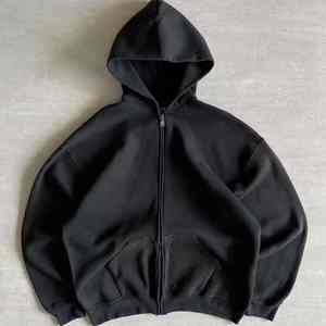 Sweat à capuche zippé pour homme, 100% coton, imprimé hiver, surdimensionné, délavé à l'acide, brodé, coupe ample, épaules tombantes, coupe courte, poids lourd - Product Image 1