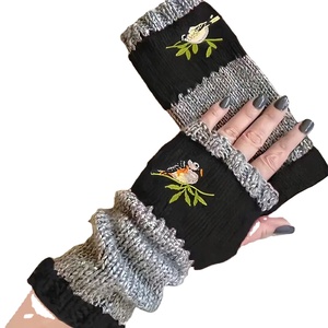 Warm Knitted Patchwork <b>Gloves</b> for Women Bird Embroidery Half <b>Finger</b> for Screen Winter Outdoor Breathable Mittens - Product Image 1