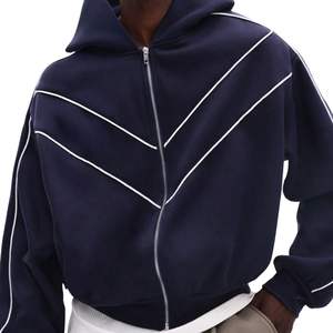 Sweat à capuche zippé pour homme de haute qualité avec passepoil contrasté, coupe ample, tissu polaire, manches longues, fermeture éclair, passepoil - Product Image 4