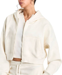 Sweat à capuche court beige uni de qualité supérieure pour femmes, en polyester et coton écologiques, streetwear, fermeture éclair intégrale, vente en gros directe - Product Image 4