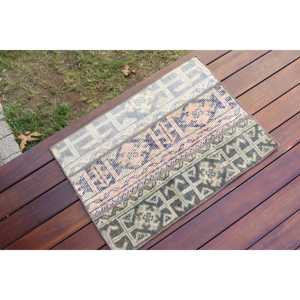 Alfombra Vintage de 1.7x2.3 pies, Alfombra Turca Pequeña, Alfombra Azul Gris Sólida - Product Image 2