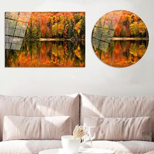 Arte de pared en lienzo impreso con reflexiones del bosque de otoño - Paisaje otoñal con lago, arte en vidrio templado - Product Image 1