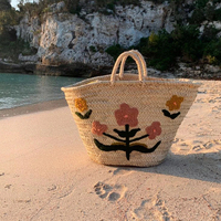 Sac de plage marocain en paille tressé à la main, forme selle, imperméable, tendance, brodé, deux poignées, motifs floraux, pour femme, été 2024