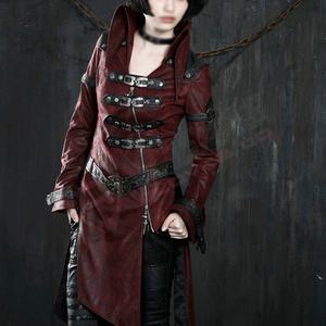 Punk-Rave Rouge Et Noir Manches Longues En Cuir Gothique Respirant Trench Coat-Corset Patchwork Col Montant Femmes Vestes - Product Image 5