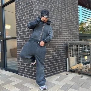 <b>Men's</b> Custom Oversized Full Zip up Hoodie <b>Pants</b> Set Wholesale Acid Washed Tracksuits with Rhinestone Winter <b>Crop</b> Hoodie for <b>Men</b> - Product Image 2