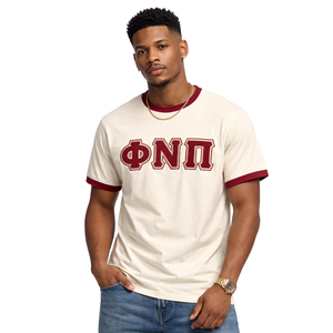 Camiseta Phi Nu Pi Premium Kream-Chenille con letras bordadas, talla estándar, algodón premium, ropa de fraternidad griega - Product Image 1