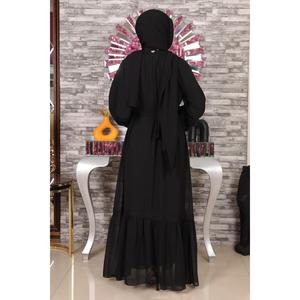 Robe de soirée longue en mousseline de soie avec dentelle, taille naturelle, col rond, coupe trapèze, manches bouffantes, 100% coton, taille XS - Product Image 5