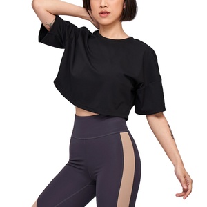 T-shirt court tendance en maille respirante unie pour femme, personnalisable sur le devant, en Spandex/Coton écologique, vêtement de sport d'été à manches courtes - Product Image 1
