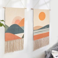 Tapiz de Pared de Macramé Hecho a Mano con Tela de Algodón y Varilla de Madera, Patrón Geométrico Simple, Tejido Moderno Personalizado para Decoración del Hogar
