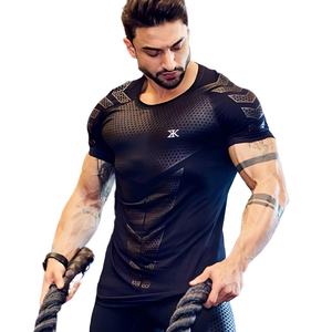 Ropa deportiva Camiseta deportiva Medias musculares Ropa <span class=keywords><strong>de</strong></span> <span class=keywords><strong>entrenamiento</strong></span> <span class=keywords><strong>de</strong></span> alta elasticidad para hombres Ropa <span class=keywords><strong>de</strong></span> fitness <span class=keywords><strong>de</strong></span> manga corta para hombres - Product Image 1