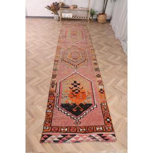 2.7x12.7 ft Rug, Turkish Herki Rug, Vintage <b>Red</b> <b>Wool</b> Check Rug - Product Image 1
