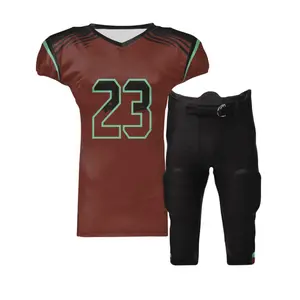 新来的聚酯纤维制成升华美式足球制服套装棕色印花球衣和纯黑色短裤