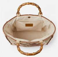 Sac bandoulière léger en paille tressée pour femme, style bohème géométrique vintage, avec poignée en bambou, collection ANA Madagascar
