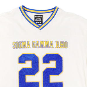 Sigma Gamma Rho Oversized Football Jersey Tee Ivory Womens Greek Letter <b>Shirt</b> SGR Chenille Number Top Casual Fit - Product Image 4