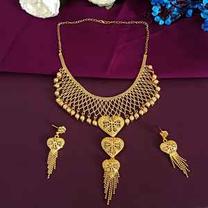 Indian Manufacturer Gold Plated Floral Layered Ball Chain Tassel <b>Choker</b> <b>Collar</b> Necklace Earrings Jewelry Set for Women - Product Image 1