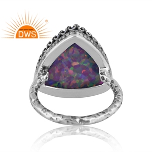 Anillo apilable de piedras preciosas de ópalo de fuego verde sintético de plata de ley oxidada de la mejor calidad, fabricante de joyería personalizada - Product Image 4