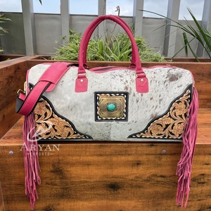 Custom High Quality Large Capacity Hand <b>Tooled</b> <b>Leather</b> Fringe Travel Duffel Bag Hair on Genuine <b>Leather</b> Weekender Travel Bag - Product Image 1