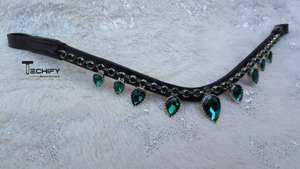 Bandeau de tête de cheval en cristal vert émeraude de luxe, fait à la main, avec strass en forme de larme, en cuir, pour bride anglaise - Product Image 3