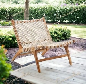เก้าอี้เรียบง่ายสไตล์ชายฝั่งทะเลสไตล์โมเดิร์นพร้อมโครงไม้ไผ่เรียบธรรมชาติและเชือกทอมือสีขาวเก้าอี้ไม้ไผ่สำหรับระเบียงสวน - Product Image 5