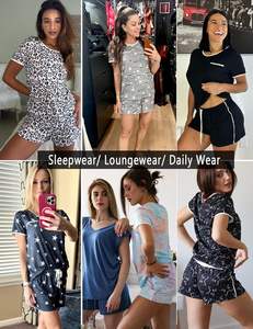 Ensemble de pyjama 2 pièces pour femmes à manches courtes hauts de salon Shorts vêtements de nuit doux poche poitrine 95% Polyester 5% Spandex Sexy solide - Product Image 3