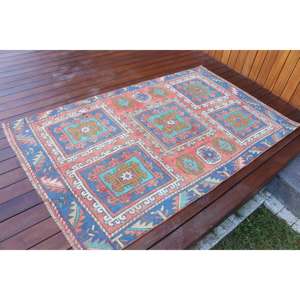 Alfombra Turca Vintage, Alfombra de Lana Roja y Azul de 3.6x5.8 pies, Estilo Suroeste - Product Image 2