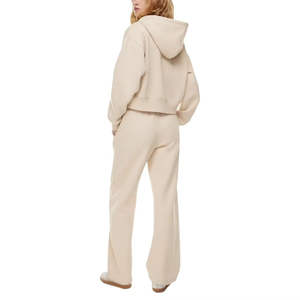 Nouveautés, ensembles de survêtement pour femmes, 100% coton, molleton lourd, respirant, manches longues à capuche, pantalon évasé, motif uni - Product Image 2