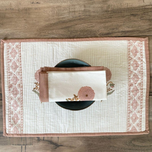 Hand Block Printed Cotton <b>Placemats</b> Peach Floral Gingham Border Table Linens Indian seller - Product Image 3