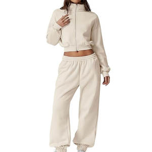 ชุดวอร์มผ้าคอตตอนสำหรับผู้หญิงชุดวิ่งแบบ2ชิ้นเสื้อครอปมีฮู้ด - Product Image 1