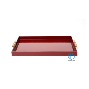 Nouveau rectangle de luxe chaud plateau en laque de bambou plateau décoratif en laque de couleur rouge avec poignées en bambou - Product Image 1