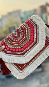 <b>Navy</b> blue jute embroidery <b>clutch</b> <b>bag</b> silver coin fringe tassel ethnic boho purse women summer beach party envelope evening - Product Image 3