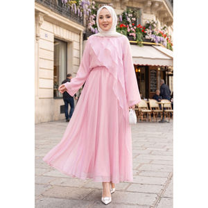 Ensemble 2 pièces en mousseline de soie avec jupe asymétrique à volants et haut sans col 100% lin pour le printemps/été Disponible en rose - Product Image 1