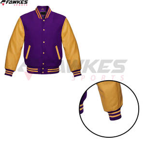 Premium Letterman Baseball School College Bomber <b>Varsity</b> <b>Jacket</b> <b>Purple</b> & Gold Genuine Leather Sleeves - Product Image 4