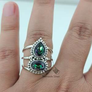Mystic Topaz Sterling Silver Handmade <b>Statement</b> Women's <b>Ring</b> Dual Oval Cut Gemstone Gift for Her Birthday Anniversary Christmas - Product Image 4