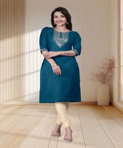 Kurta en coton Aarvi à broderies, aspect riche, pour usage quotidien, prix de gros, en stock, séchage rapide, vêtement ethnique, vert sarcelle - Product Image 1