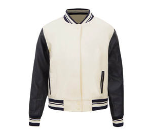 Veste de baseball courte tendance avec corps en laine et manches en cuir, style hip-hop, tissu imprimé, veste de baseball en laine - Product Image 5