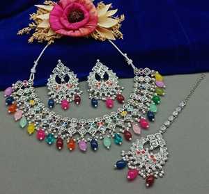 Indian Traditional Kundan Silver Plated Jewellery Set and Copper Necklace Set for Women & <b>Girl</b> Indian <b>Accessories</b> Jewlery Women - Product Image 2