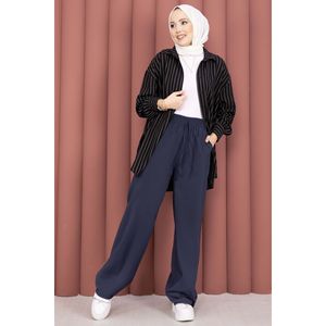 Pantalones Cargo Casuales Azul Marino de Pierna Ancha de Tencel con Diseño de Cintura Alta, Transpirables y con Técnica Antiarrugas para Primavera - Product Image 3