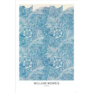 Póster de acuarela pintado a mano de William Morris con diseño de marigold azul, pintura floral moderna - Product Image 1