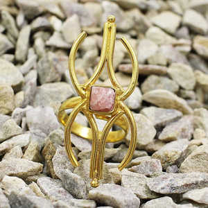 Bague en laiton plaqué or faite à la main, sertie de rhodochrosite naturelle, taille 12x12mm, poids 8,82g, bijoux fins, vente en gros - Product Image 2