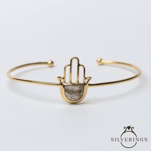 Silverings Pulsera Ajustable de Plata de Ley 925 con Hamsa de la Suerte y Labradorita Dorada con Engaste de Bisel, Regalo - Product Image 6