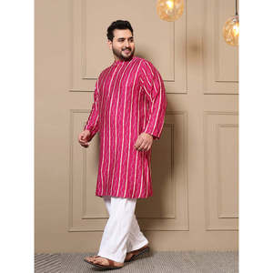 Amanush Kurta Larga para Hombre, Talla Grande, con Estampado Bandhani a Rayas Magenta, Cuello Mandarín, Camisa Casual para Verano - Product Image 3