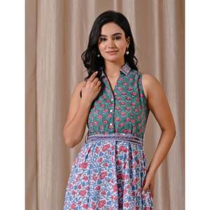 Vestido sin mangas verde marino con estampado de bloques, cuello blanco, elegante, casual, para el día a día, ODM para oficinistas, talla XS, transpirable, natural - Product Image 1