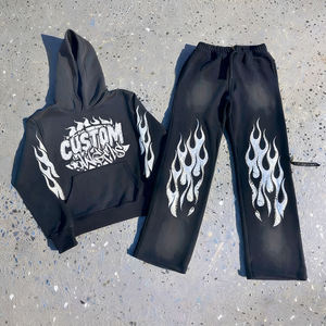 420GSM <b>Top</b> Grade Heavyweight Cotton Hoodie Mens Tracksuit Screen Print Puff Print Sweatshirt Fitness Winter Pants - Product Image 3