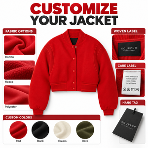 <b>Red</b> <b>Wool</b> Varsity Jacket Women Stand Collar Cropped Bomber Jacket Long Sleeve Winter Outerwear - Product Image 2