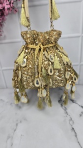 Vintage Indian Handmade Metal Clutch <b>Bag</b> <b>Potli</b> Handbag Embossed Gold Sier Style Golden Ball Handbag - Product Image 4