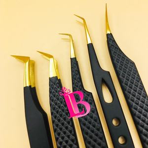 Nouveautés Pinces à épiler à pointe dorée pour extensions de cils en vison, en acier inoxydable, plates, avec boîte de rangement pour cils, style personnalisé - Product Image 1