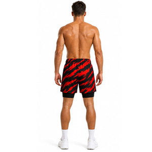Shorts de bain pour homme à séchage rapide, imprimé géométrique rouge et noir, taille à cordon de serrage, décontractés, 100 % polyester - Product Image 5