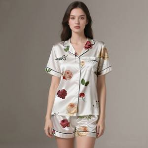 Customizable Luxury Silk <b>Satin</b> Adult <b>Pajamas</b> Set Breathable Soft Summer Sleepwear 2 Pieces Long/Short Sleeve Elastic Waistband - Product Image 2