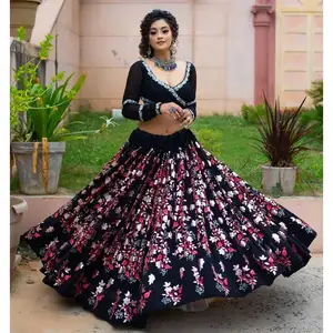 Черного цвета, привлекательная одежда для вечеринки, вышивка креп-Жоржет и Zari Work lehenda Холи с индийским экспортным качеством дупатты