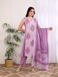 Wholesale <b>Womens</b> Cotton Floral Print A Line Kurta Pant Dupatta Set Calf Length Keyhole Neck Sleeveless Lavender Ethnic Wear - Product Image 4